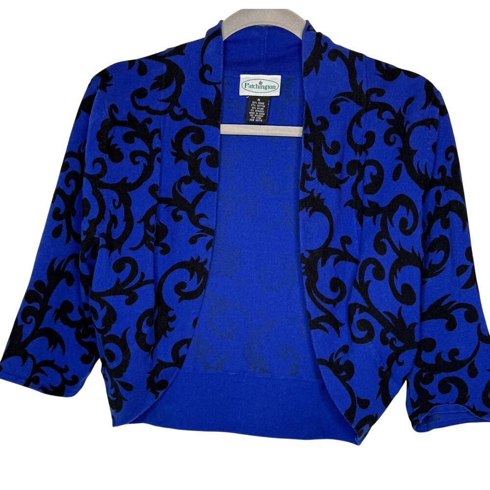 Patchington Sz M Blue and Black 3/4 Sleeve Open Shrug Short Cardigan | GUC